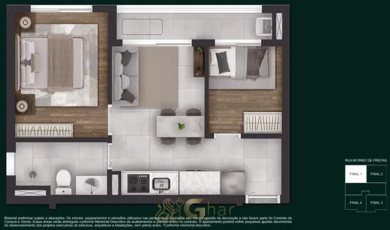 Planta do apartamento de 2 dormitórios com 37 m² em condomínio residencial no bairro do Paraíso, na Zona Sul de São Paulo