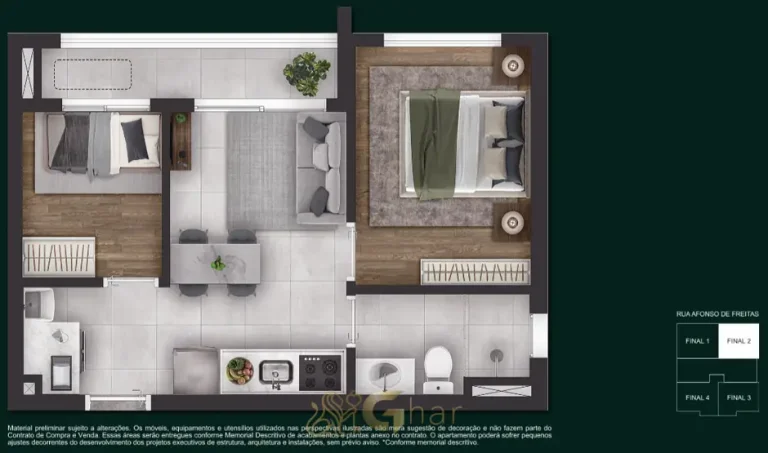 Planta do apartamento de 2 dormitórios com 37 m² em outra opção do condomínio Nyx Paraíso no bairro do Paraíso, São Paulo