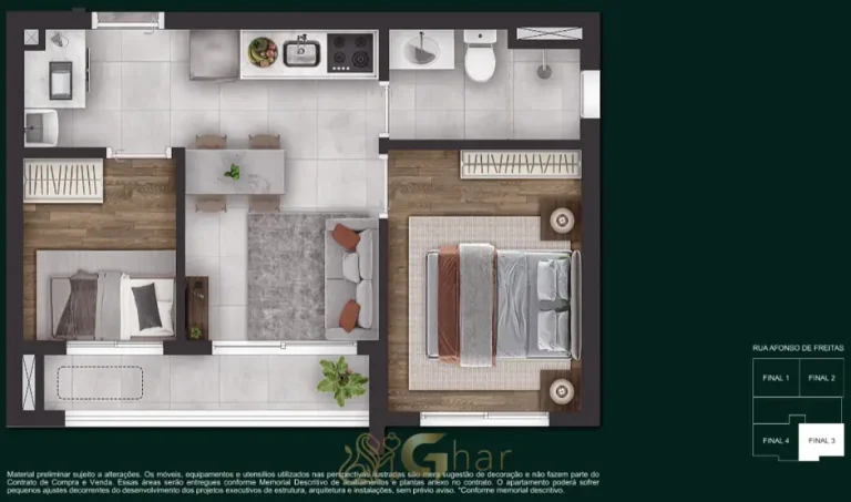 Planta do apartamento de 2 dormitórios com 37 m² em outro layout em condomínio residencial no bairro do Paraíso, na Zona Sul de São Paulo