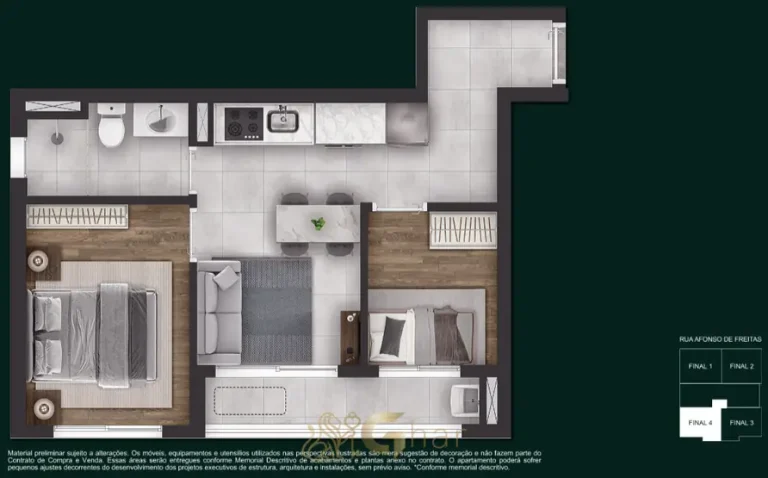 Planta do apartamento de 2 dormitórios com 39 m² do condomínio Nyx Paraíso no bairro do Paraíso, São Paulo
