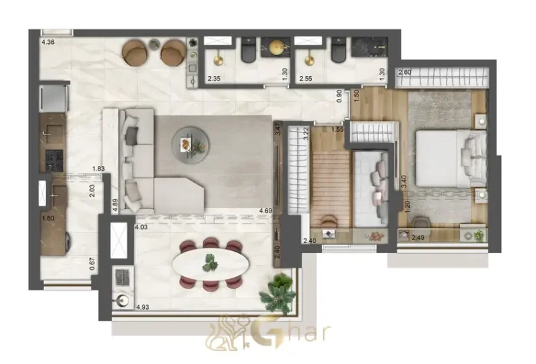 Planta do apartamento de 86 m² com 2 dormitórios do condomínio Palace no bairro do Brás, São Paulo
