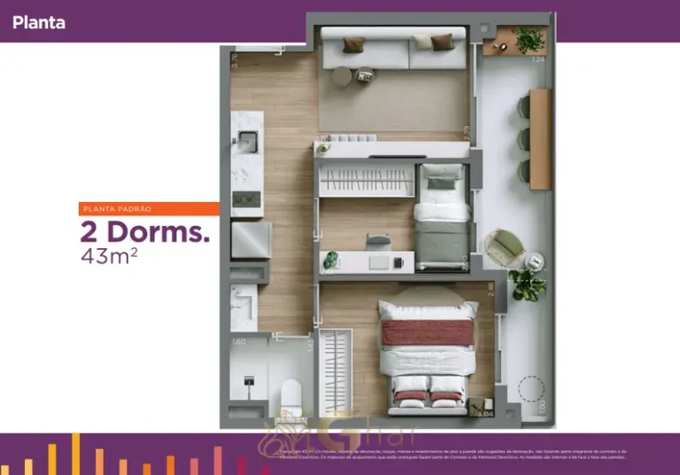 Planta de apartamento de 2 dorms. de 43 m² em condomínio residencial no bairro da Bela Vista, no Centro de São Paulo
