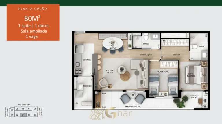 Planta do apartamento de 2 dormitórios com sala ampliada de 80 m² em apartamentos no bairro do Alto do Ipiranga, São Paulo