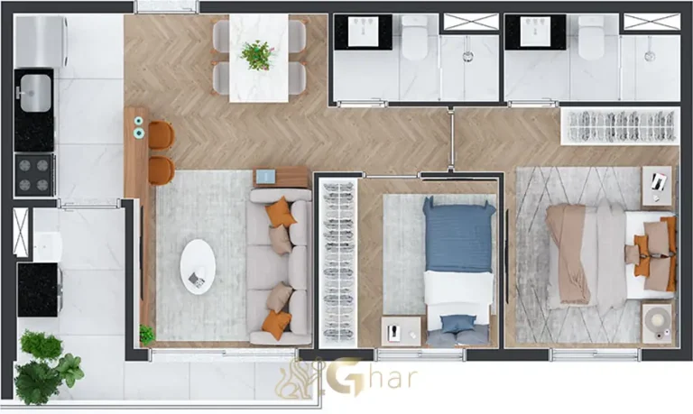 Planta do apartamento de 50 m² em condomínio residencial na Praça da Árvore, na Zona Sul de São Paulo