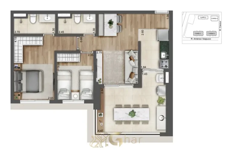Planta de apartamento 2 dormitórios 72 m² Torres B e C em apartamentos no bairro da Vila Prudente, São Paulo