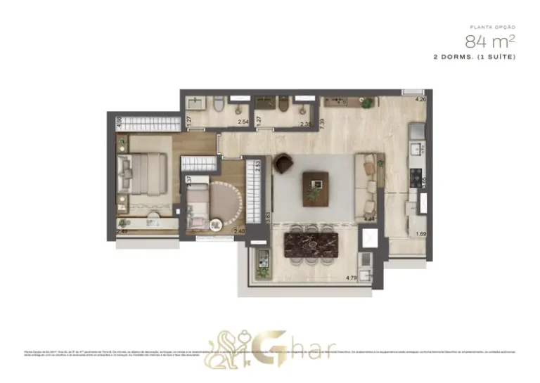 Planta do apartamento de 84 m² com 2 dormitórios do condomínio Jardim da Hípica Residences no bairro do Alto da Boa Vista, São Paulo