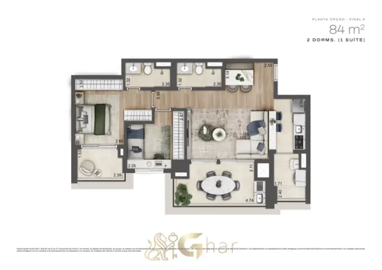 Planta do apartamento de 84 m² com 2 dormitórios da Torre C do condomínio Jardim da Hípica Residences no bairro do Alto da Boa Vista, São Paulo