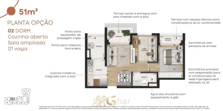 Planta do apartamento de 2 dormitórios de 51 m² em condomínio residencial no bairro do Tatuapé, na Zona Leste de São Paulo