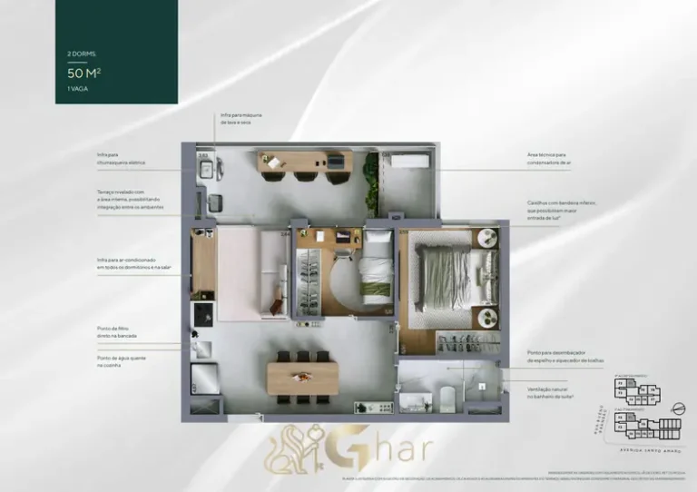 Planta do 2 dorms. com 50 m² em apartamentos no bairro da Vila Nova Conceição, São Paulo