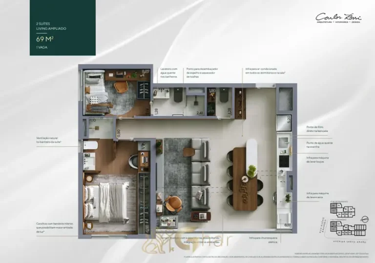 Planta do 2 dorms. com 69 m² em condomínio residencial no bairro da Vila Nova Conceição, na Zona Sul de São Paulo