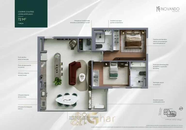 Planta do 2 dorms. com 72 m² em apartamentos no bairro da Vila Nova Conceição, São Paulo