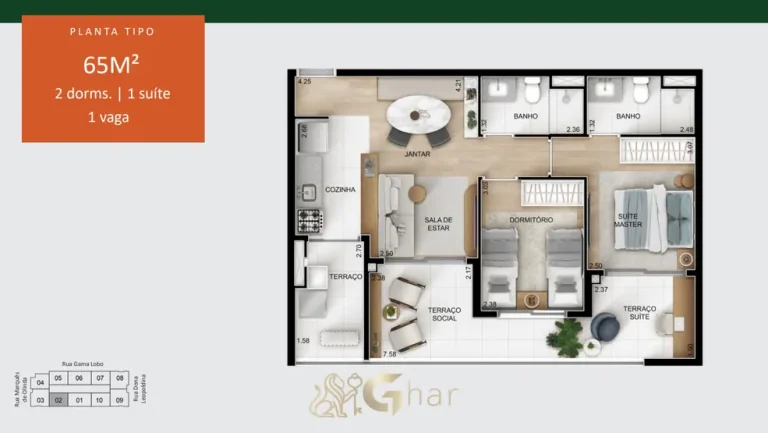 Planta do apartamento de 2 dormitórios de 65 m² (meio) em apartamentos no bairro do Alto do Ipiranga, São Paulo