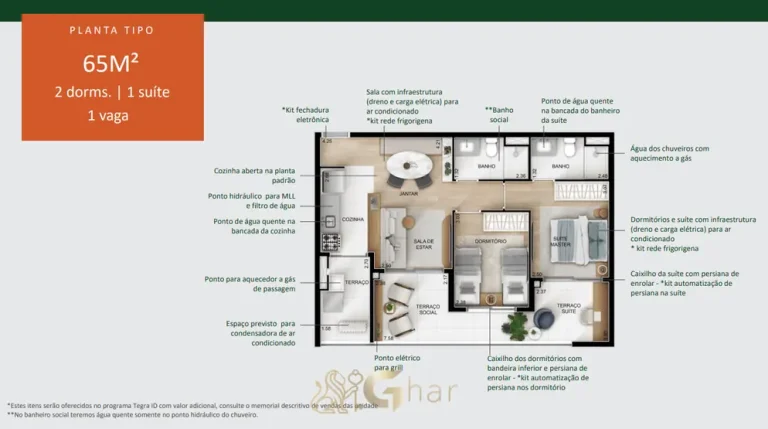 Planta do apartamento de 2 dormitórios de 65 m² variação em condomínio residencial no bairro do Alto do Ipiranga, na Zona Sul de São Paulo