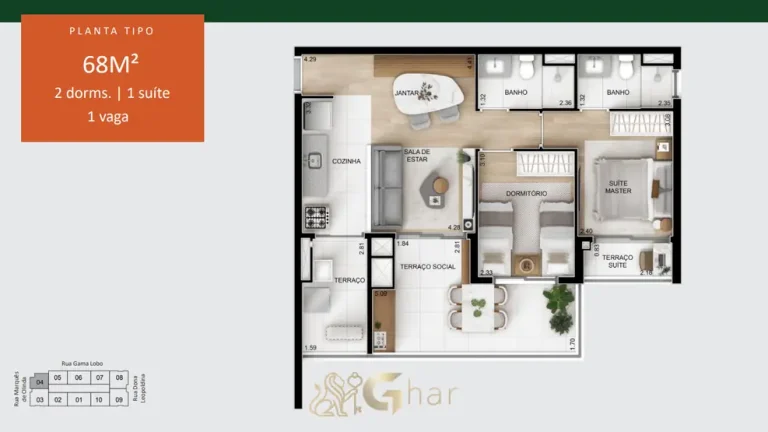 Planta do apartamento de 2 dormitórios de 68 m² (ponta) em apartamentos no bairro do Alto do Ipiranga, São Paulo