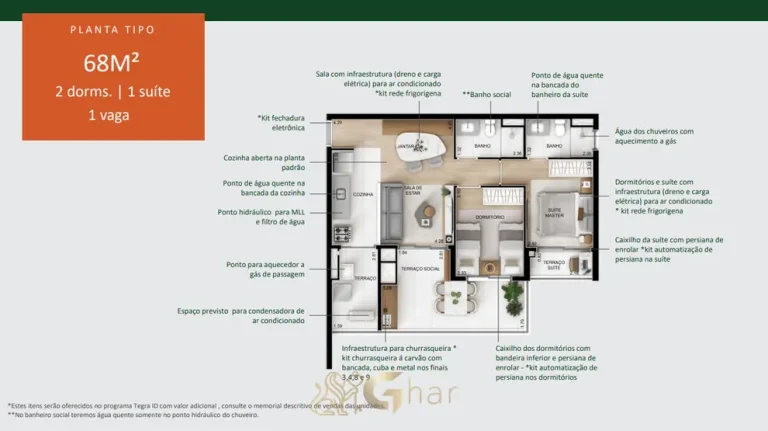 Planta do apartamento de 2 dormitórios de 68 m² variação do condomínio YPY Alto do Ipiranga no bairro do Alto do Ipiranga em São Paulo