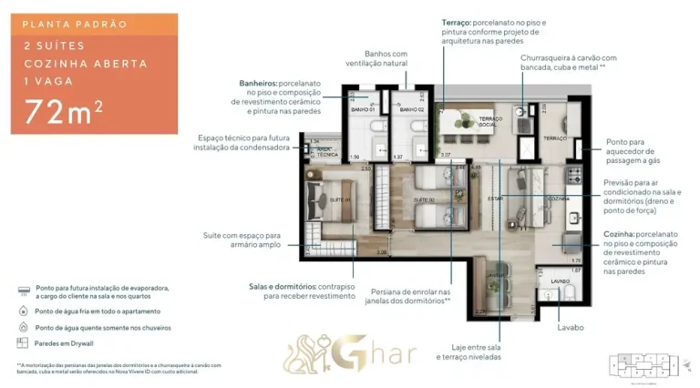 Planta do apartamento de 2 suítes de 72 m² em apartamentos na Lapa, São Paulo