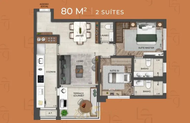 Planta do apartamento de 2 suítes de 80 m² do condomínio Ledge Brooklin no bairro do Brooklin em São Paulo