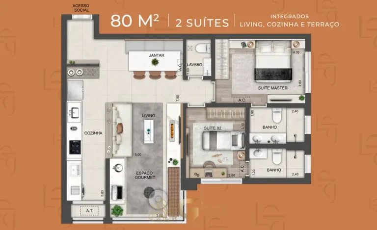 Planta do apartamento de 2 suítes de 80 m² variação em apartamentos no bairro do Brooklin, São Paulo