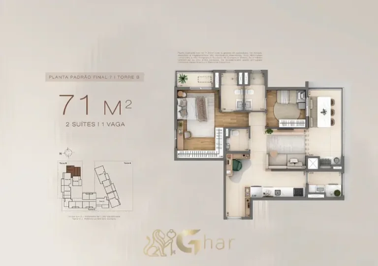 Planta do apartamento de 2 suítes de 71 m² do condomínio Linn Vila Mariana no bairro da Vila Mariana, São Paulo