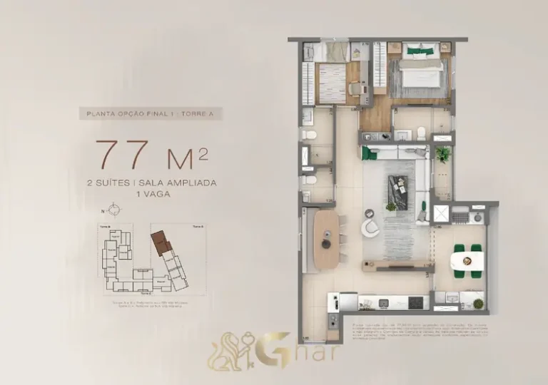 Planta do apartamento de 2 suítes com living ampliado de 77 m² do condomínio Linn Vila Mariana no bairro da Vila Mariana, São Paulo