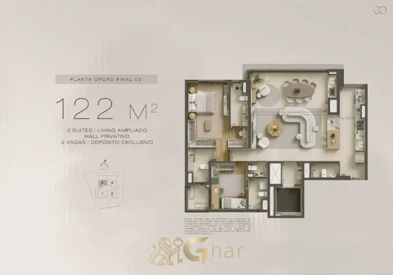 Planta do apartamento de 2 suítes com living ampliado de 122 m² do condomínio Core Klabin no bairro da Chácara Klabin, São Paulo