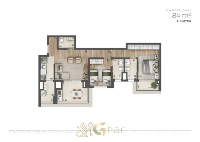 Planta do apartamento de 84 m² com 2 suítes da Torre C em apartamentos no bairro do Alto da Boa Vista, São Paulo