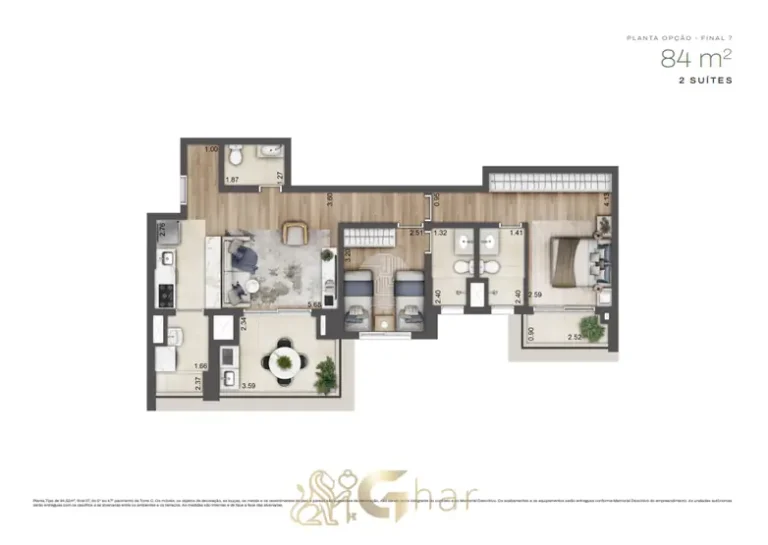 Planta alternativa de 84 m² com 2 suítes da Torre C em condomínio residencial no bairro do Alto da Boa Vista, na Zona Sul de São Paulo