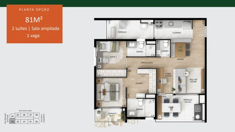 Planta do apartamento de 2 suítes de 81 m² em apartamentos no bairro do Alto do Ipiranga, São Paulo
