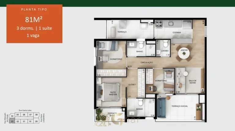 Planta do apartamento de 3 dormitórios com 1 suíte de 81 m² em condomínio residencial no bairro do Alto do Ipiranga, na Zona Sul de São Paulo