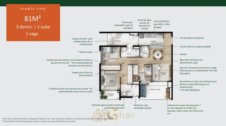 Planta do apartamento de 3 dormitórios com 1 suíte de 81 m² variação do condomínio YPY Alto do Ipiranga no bairro do Alto do Ipiranga em São Paulo
