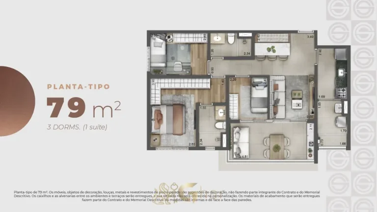 Planta do apartamento de 3 dormitórios com 79 m² em apartamentos no bairro da Praça da Árvore, São Paulo