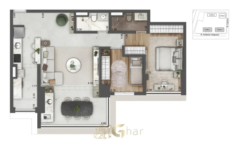 Planta de apartamento 3 dormitórios 85 m² em condomínio residencial no bairro da Vila Prudente, na Zona Leste de São Paulo