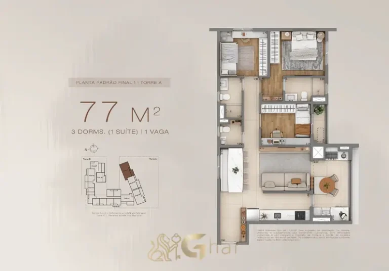 Planta do apartamento de 3 dormitórios de 77 m² em condomínio residencial no bairro da Vila Mariana, na Zona Sul de São Paulo
