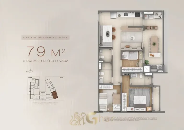 Planta do apartamento de 3 dormitórios de 79 m² em apartamentos no bairro da Vila Mariana, São Paulo