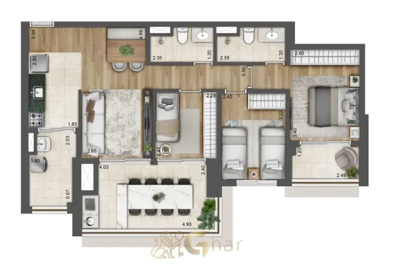 Planta do apartamento de 86 m² com 3 dormitórios em condomínio residencial no bairro do Brás, na Zona Leste de São Paulo