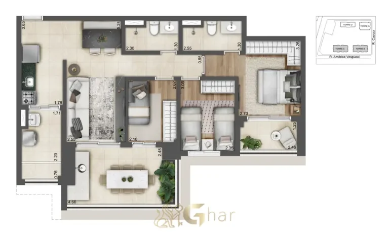 Planta de apartamento 3 dormitórios 85 m² Torres B e C do condomínio Alive Home Resort no bairro da Vila Prudente, São Paulo