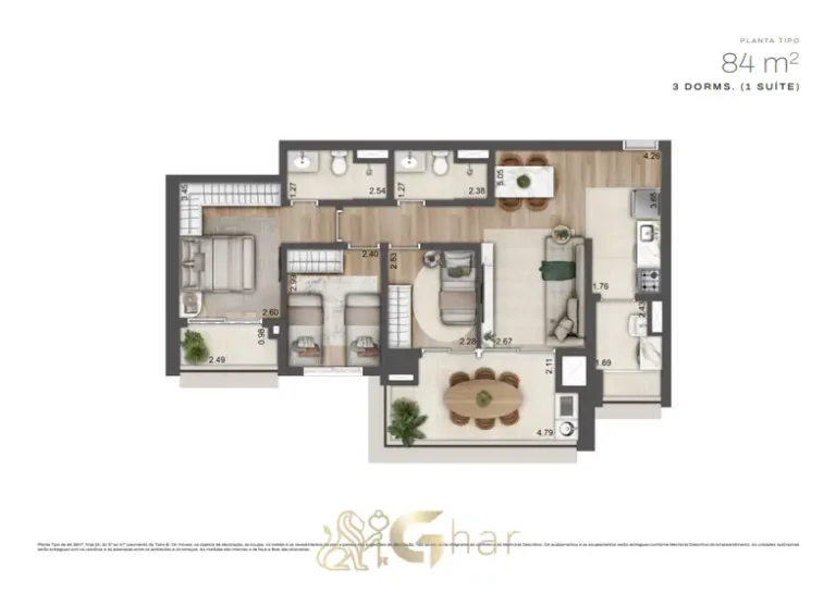 Planta do apartamento de 84 m² com 3 dormitórios em condomínio residencial no bairro do Alto da Boa Vista, na Zona Sul de São Paulo