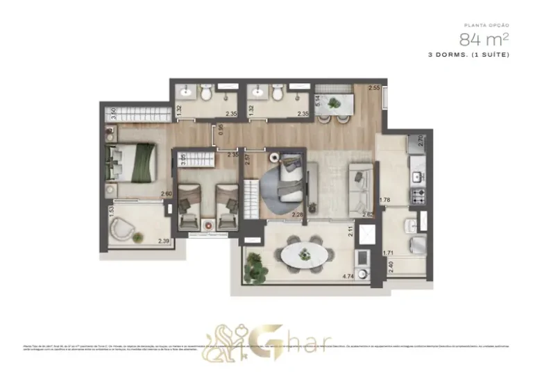 Planta do apartamento de 84 m² com 3 dormitórios da Torre C em condomínio residencial no bairro do Alto da Boa Vista, na Zona Sul de São Paulo