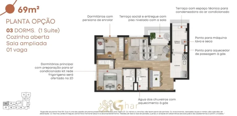 Planta do apartamento de 3 dormitórios de 69 m² do condomínio Universo Tatuapé Órbita no bairro do Tatuapé em São Paulo