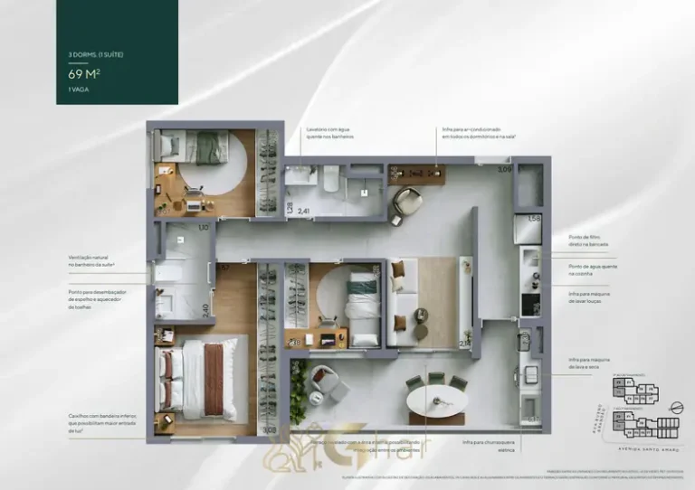 Planta do 3 dorms. com 69 m² do condomínio Vert Vila Nova no bairro da Vila Nova Conceição, São Paulo