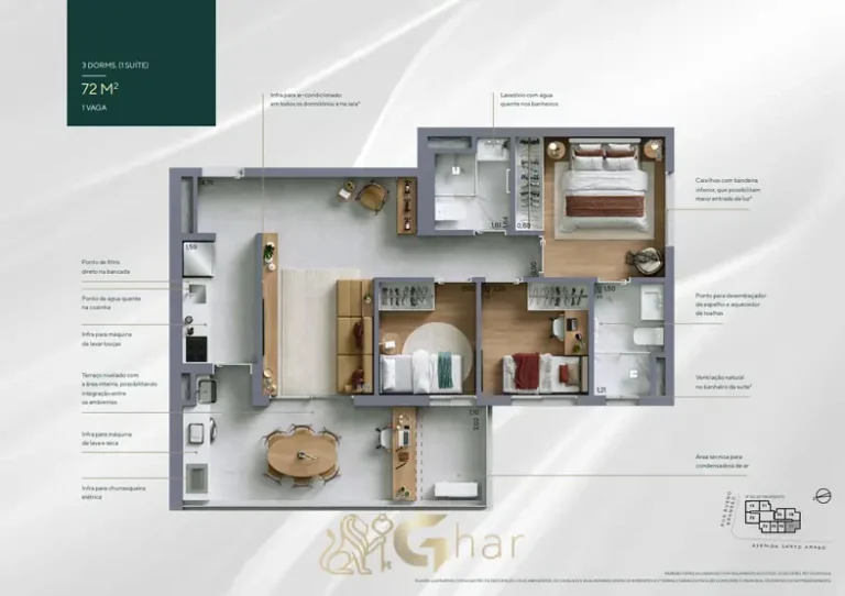 Planta do 3 dorms. com 72 m² em condomínio residencial no bairro da Vila Nova Conceição, na Zona Sul de São Paulo
