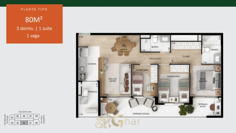 Planta do apartamento de 3 dormitórios de 80 m² (meio) em condomínio residencial no bairro do Alto do Ipiranga, na Zona Sul de São Paulo