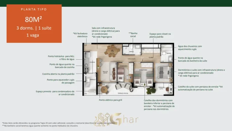 Planta do apartamento de 3 dormitórios de 80 m² variação do condomínio YPY Alto do Ipiranga no bairro do Alto do Ipiranga em São Paulo