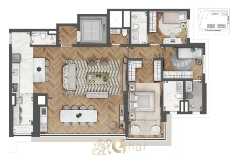 Planta de apartamento 3 suítes 139 m² do condomínio Alive Home Resort no bairro da Vila Prudente, São Paulo