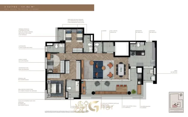 Planta de apartamento 3 suítes de 131 m² do condomínio Alto by You,inc Paraíso no Paraíso, São Paulo