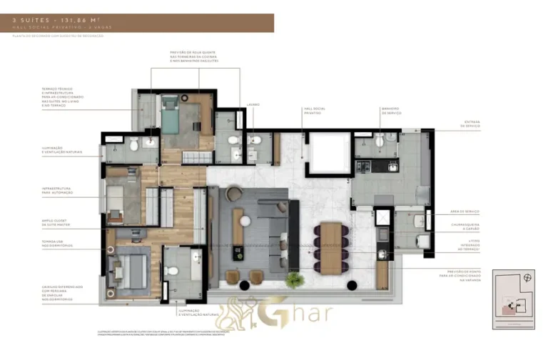 Planta de apartamento 3 suítes de 131 m² (variante) em apartamentos no Paraíso, São Paulo