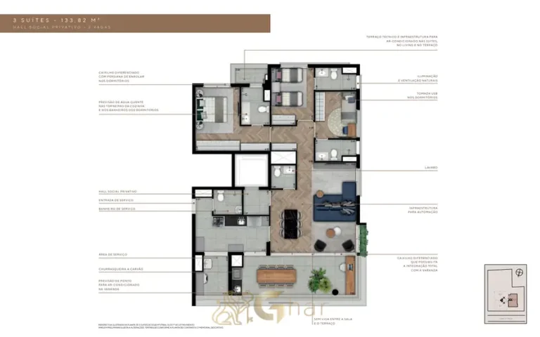 Planta de apartamento 3 suítes de 133 m² do condomínio Alto by You,inc Paraíso no Paraíso, São Paulo