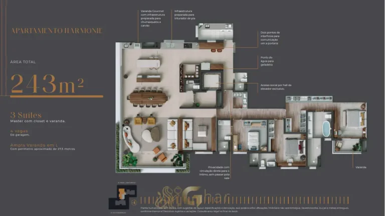 Planta do apartamento Harmonie de 243 m² com 3 suítes do condomínio Baume Itaim no bairro do Itaim Bibi, São Paulo
