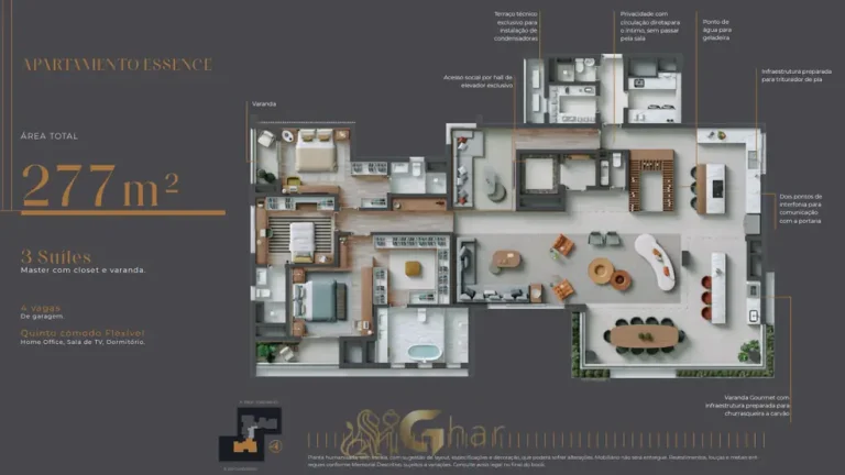Planta do apartamento Essence de 277 m² com 3 suítes do condomínio Baume Itaim no bairro do Itaim Bibi, São Paulo