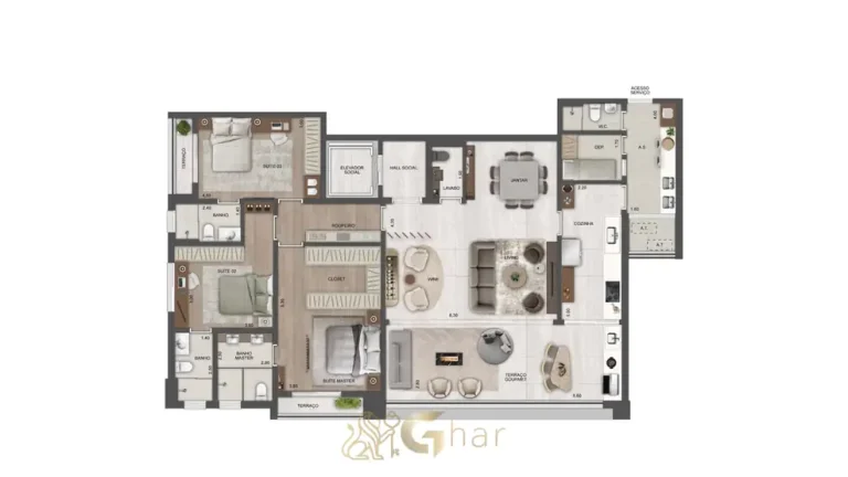 Planta do apartamento de 3 suítes de 185 m² do condomínio Château Jardin Harmonie na Cidade Jardim, São Paulo